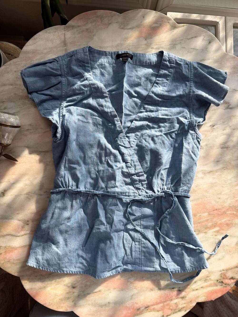J.Crew Chambray Faux-Wrap Top with Flutter Sleeves